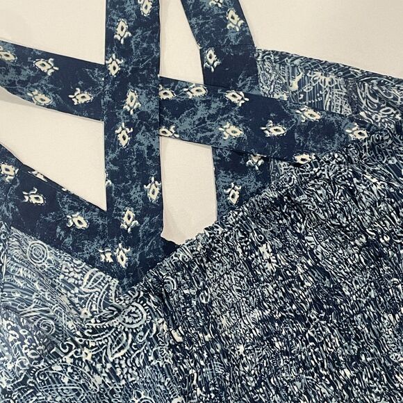 ~ Ecote Lg Boho Crop Top Blue Paisley Pattern Navy Adjustable Convertible Beachy - Picture 16 of 16